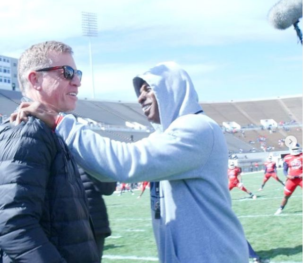 Jackson State head coach Deion Sanders is greeted by former Dallas Cowboys quarterback Troy Aikman. Photo: Instagram/deionsanders